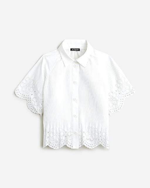 Pleated eyelet-trim shirt in cotton poplin | J. Crew US