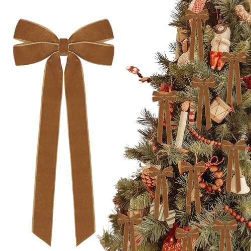 12Pcs Vintage Velvet Ribbon Bows Christmas Tree Decorations,5in x 10in Brown Xmas Ornaments for Tree Home Party Front Door Wreath Holiday Decor | Amazon (US)