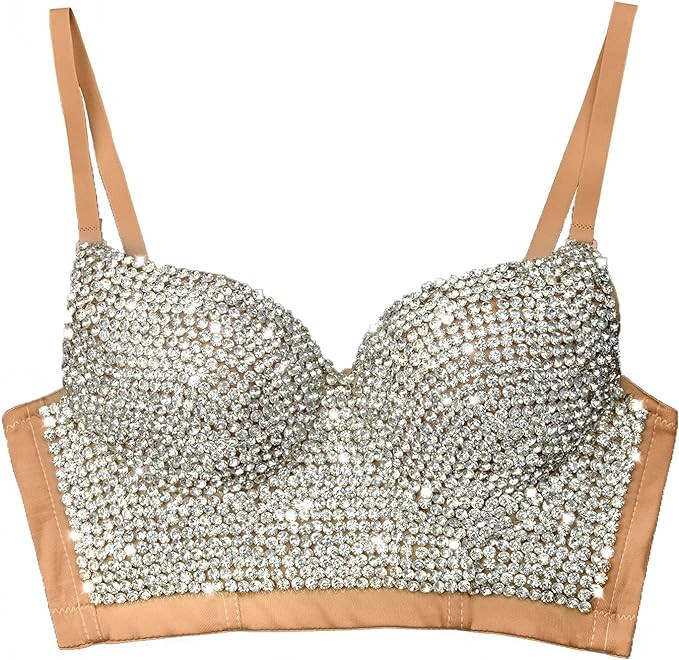 ELLACCI Women's Handmade Rhinestone Diamond Push up Bustier Crop Top Sexy Punk Corset Bra Khaki | Amazon (US)