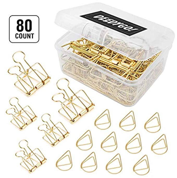 DeedyGo 15 Pcs Binder Clips and 65 Pcs Teardrop Paper Clips Gold Assorted Sized Stainless Wire Offic | Amazon (US)