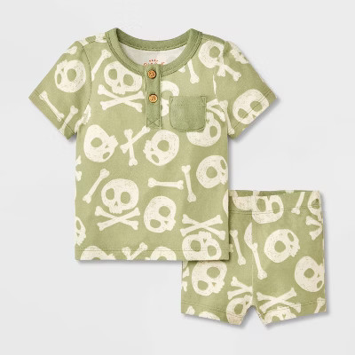 Baby 2pc Halloween Skull & Bones T-Shirt & Bloomer Set - Cat & Jack™ Green Newborn | Target