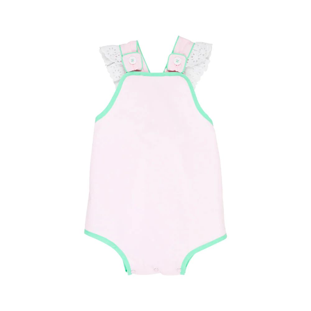 Saylor Sunsuit - Palm Beach Pink with Grace Bay Green & Worth Avenue White Eyelet | The Beaufort Bonnet Company