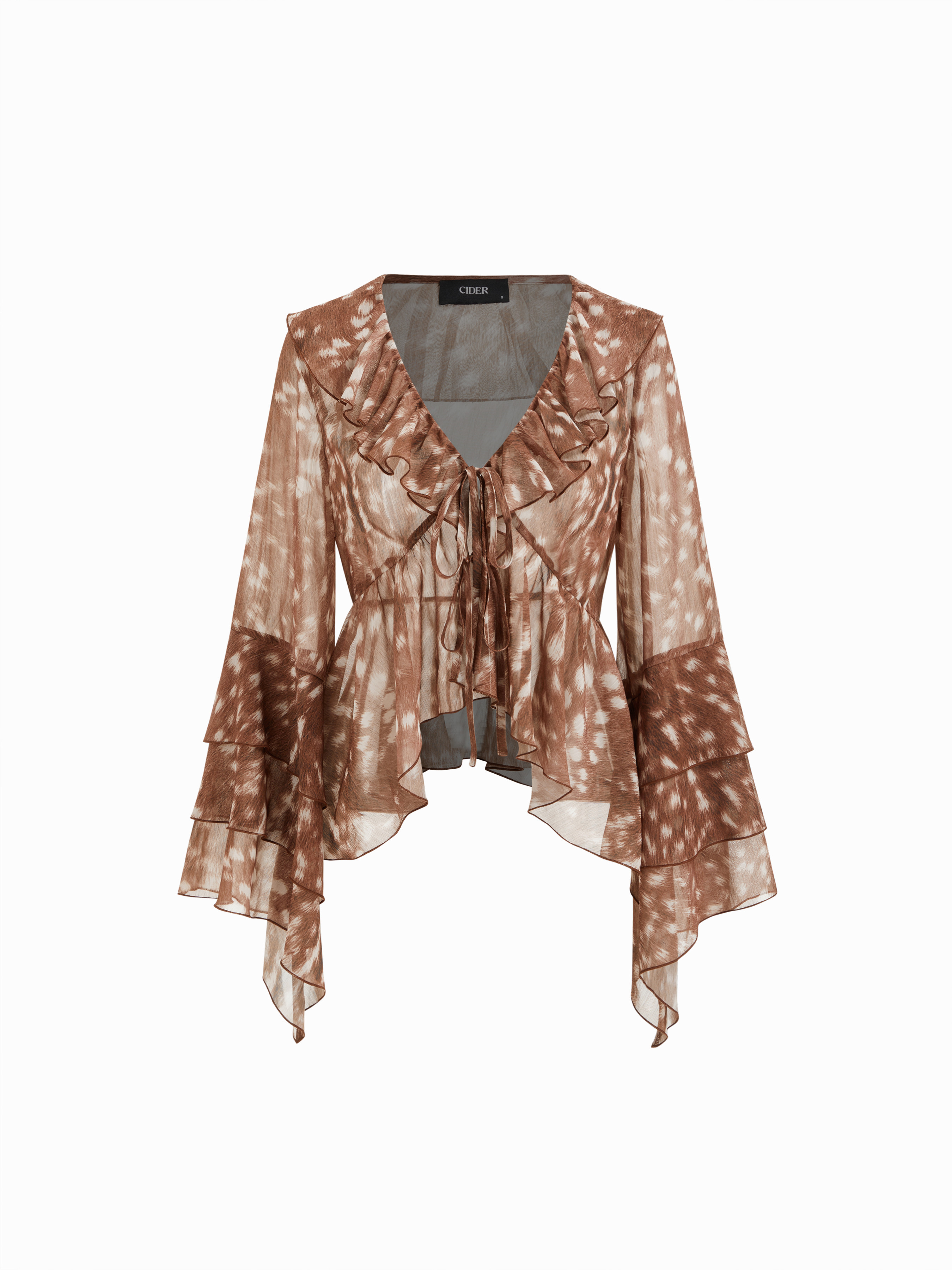 Chiffon Chiffon V-neck Deer Print Knotted Ruffle Layered Long Sleeve Blouse For Daily Casual Vaca... | Cider