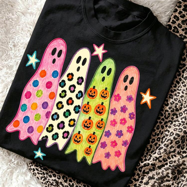 Retro Halloween Ghost Graphics Tee Colorful Pumpkin Leopard Print Top Funny Spooky Preppy Casual ... | SHEIN