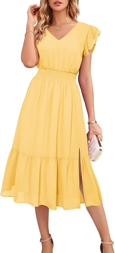 GRACE KARIN Women's Cocktail Dresses 2025 V Neck Ruffle Sleeve Dress, A-Line Midi Swing Wedding G... | Amazon (US)