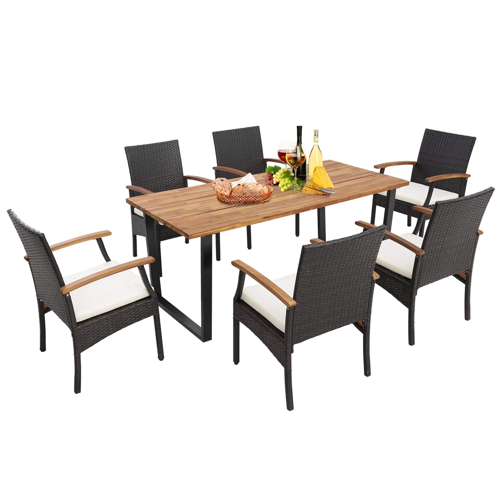 Costway 7 PCS Patio Rattan Dining Set Acacia Wood Table 6 Wicker Chairs with Umbrella Hole - Walm... | Walmart (CA)