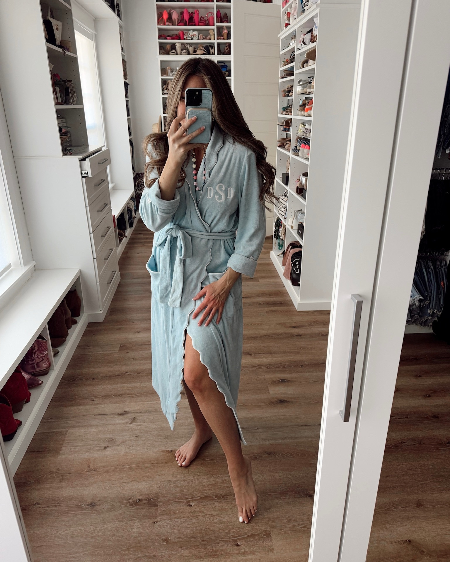 In a medium long scalloped robe with personalized embroidery- fits tts.

#LTKFamily #LTKStyleTip #LTKBaby