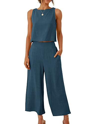 ANRABESS Women's Summer 2 Piece Outfits Sleeveless Crop Top Capri Wide Leg Pants Jumpsuit Casual Linen Lounge Matching Sets Beach Travel 2026 Trendy Clothes Deep Blue XX-Large | Amazon (US)
