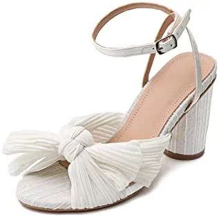 Women's Pleated Knotted Bow Heeled Sandals, Bridal Open Toe Wedding Shoes Ankle Strap Chunky Heel... | Walmart (US)