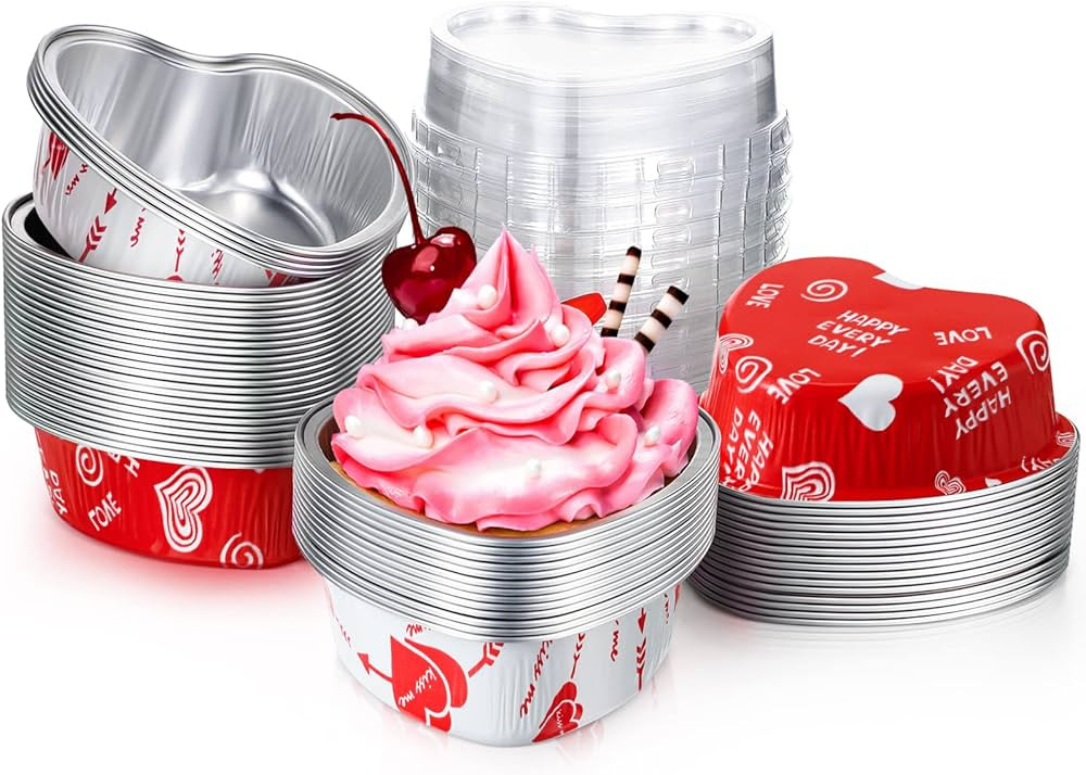 Honeydak 50 Sets Valentine Heart Shaped Cake Pans with Lids Aluminum Foil Cupcake Pans 3.4 oz Min... | Amazon (US)