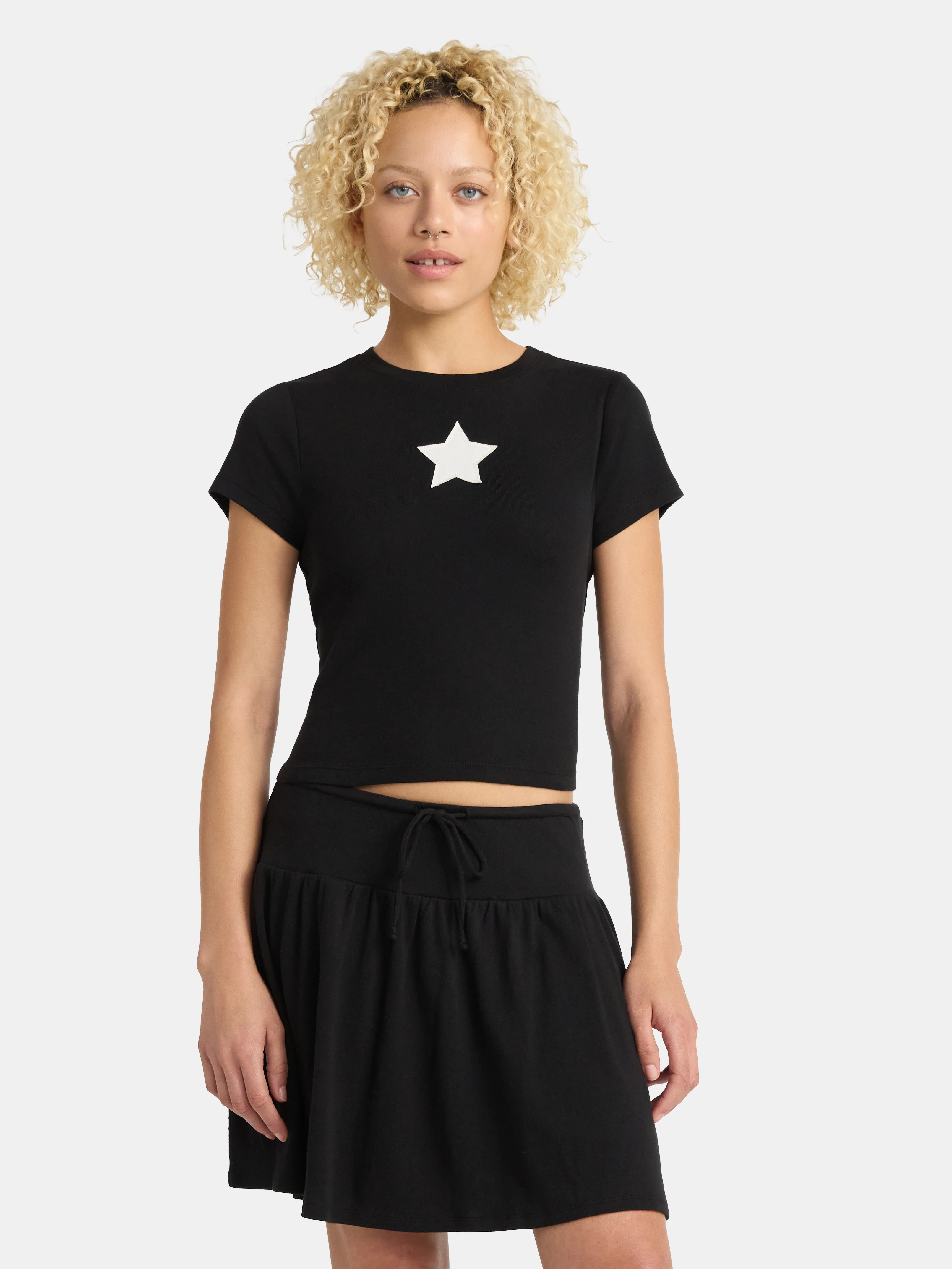 No Boundaries Cotton Knit Baby Tee and Mini Skirt Set, 2-Piece, Women's | Walmart (US)