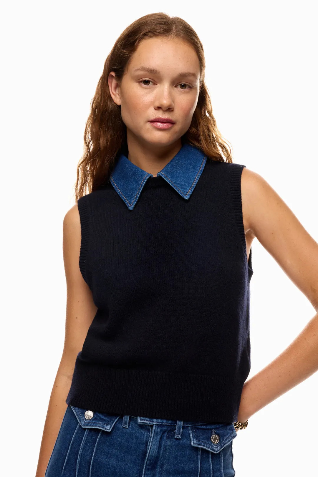 Sweater With Denim Collar | Rent the Runway