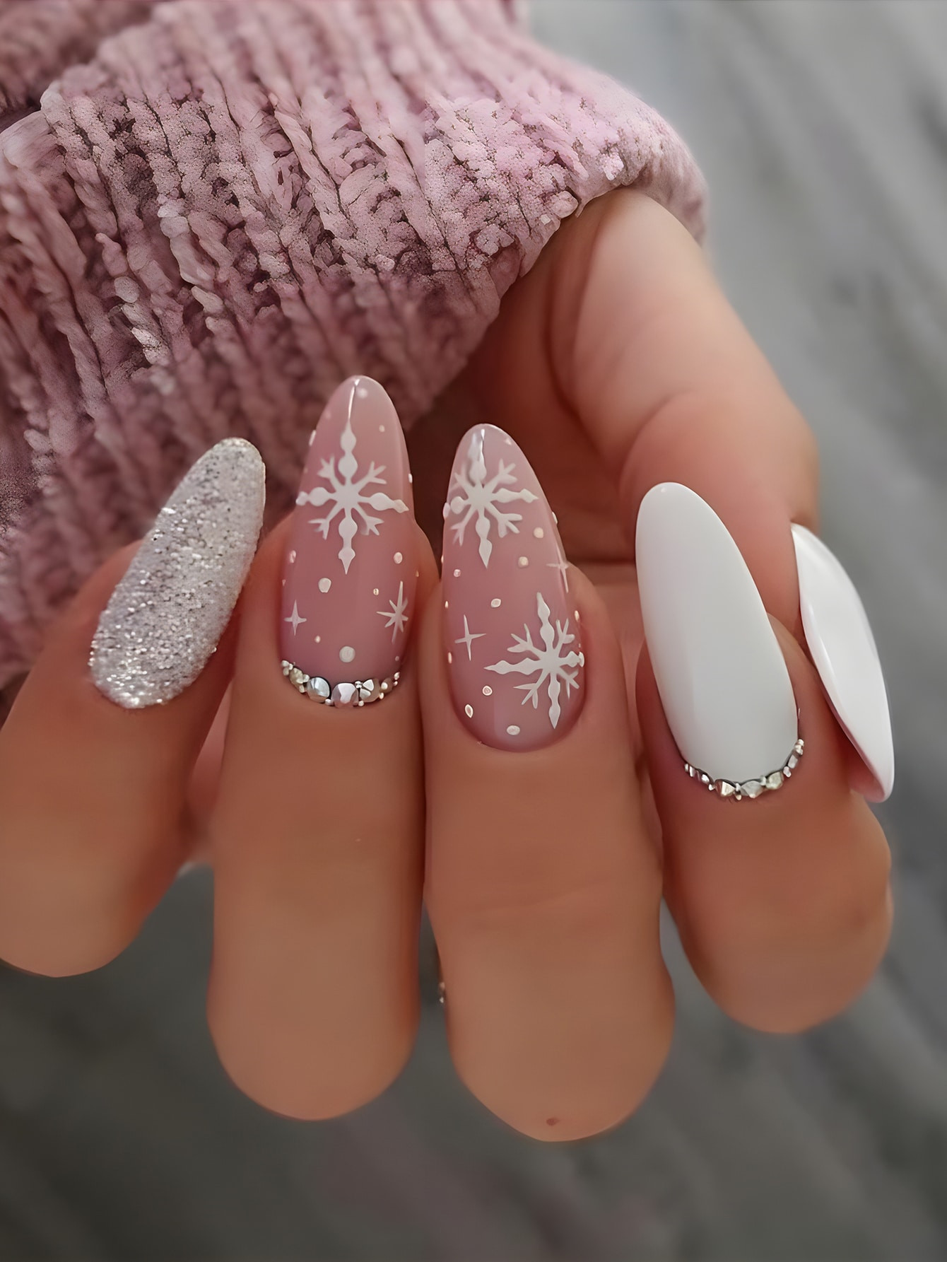24 Pezzi Unghie Finte Lunghe E Ovali Rosa, Elegante Set Di Decorazioni Natalizie Per Unghie Con G... | SHEIN