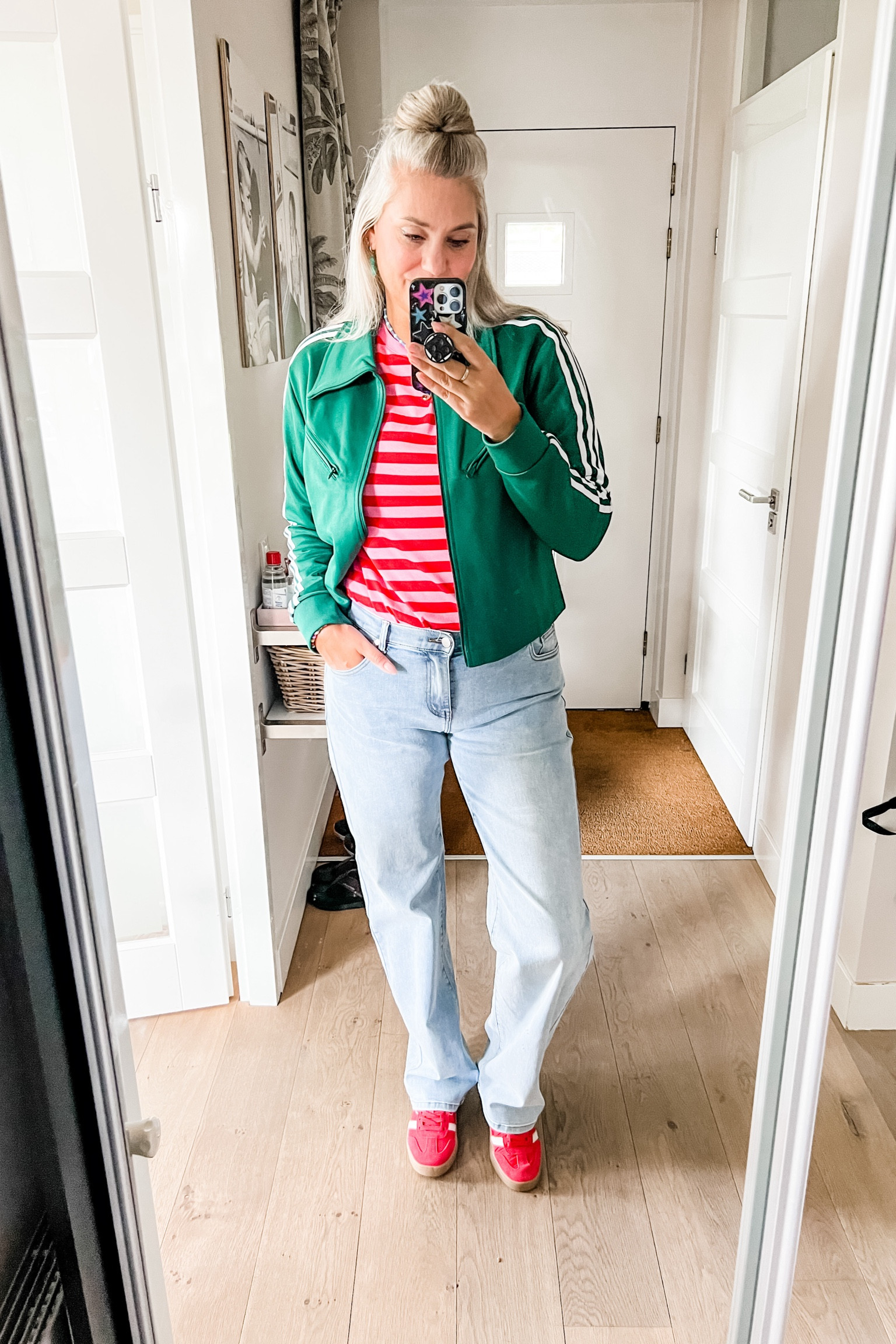 Ootd - Sunday. Pink and red striped t-shirt, bottle green retro style Adidas jacket, straight jeans from Perfect Jeans (https://www.perfectjeans.dk/MARLOUSDEWIT), retro style red suede sneakers. Green glass necklace with seahorse. 



#LTKnederlands #LTKeurope #LTKstyletip
