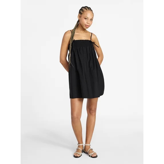 No Boundaries Cotton Poplin Smocked Mini Dress with Tie Straps, Women's XXS-XXL | Walmart (US)