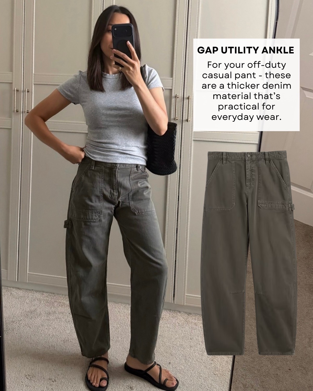 Gap Utility ankle pants 

modern tee - small, quality fitted tee 
Cotton cargo barrel pants - medium thickness & such a good fit!

Early fall outfit / pre fall / style over 30 / mom outfit

#LTKootd #LTKSeasonal