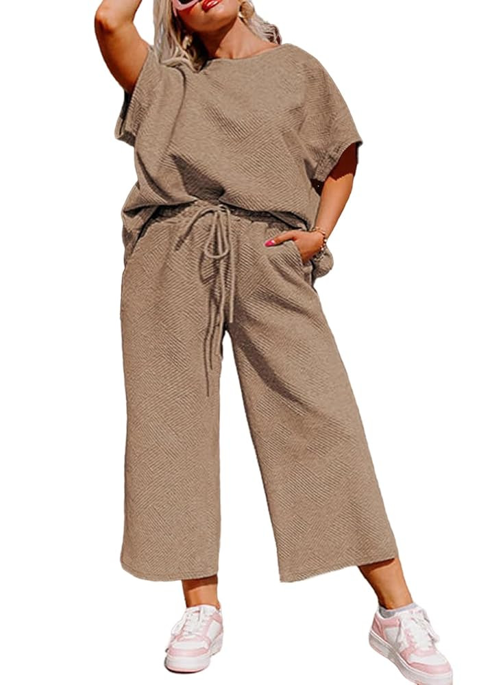 Eytino Womens Plus Size Sweatsuits Casual Short Sleeve Tops High Waist Wide Leg Pants 2 Piece Tra... | Amazon (US)