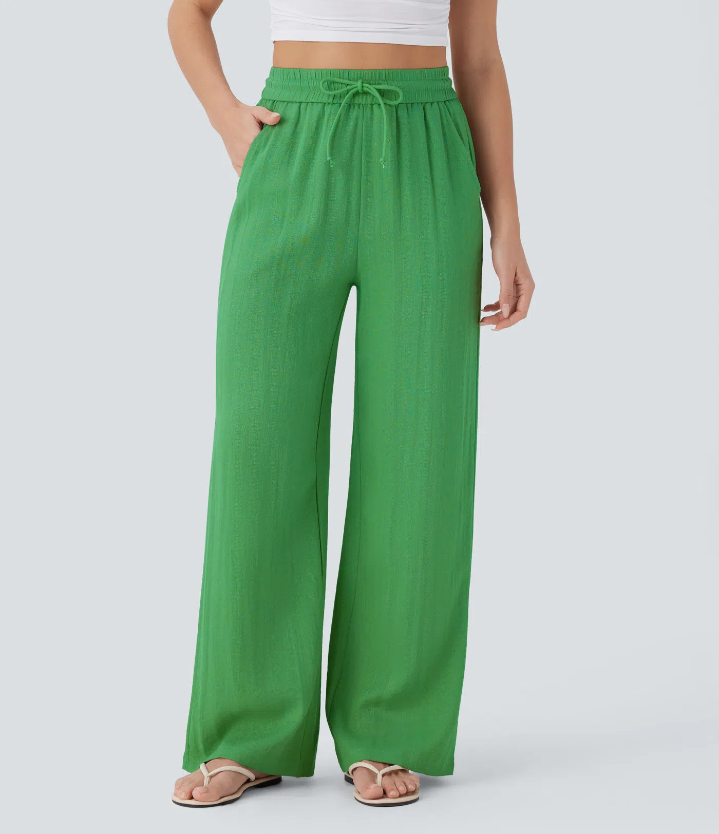 Women’s High Waisted Drawstring Pocket Wide Leg Baggy Casual Linen-Feel Pants - Halara | HALARA
