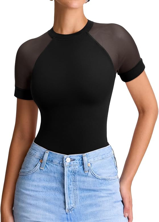 REORIA Women's Crew Neck Sheer Mesh Short Sleeve Bodysuits Comfy Double Lined Trendy Tank Top Bod... | Amazon (US)