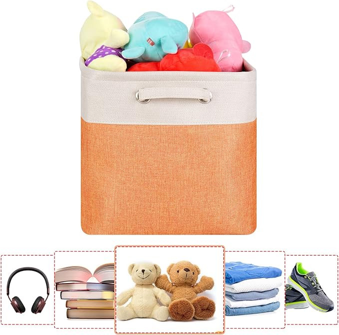 Fabric Cube Storage Boxes Foldable Storage Bins Orange and Beige Patchwork Storage Baskets Cube S... | Amazon (US)
