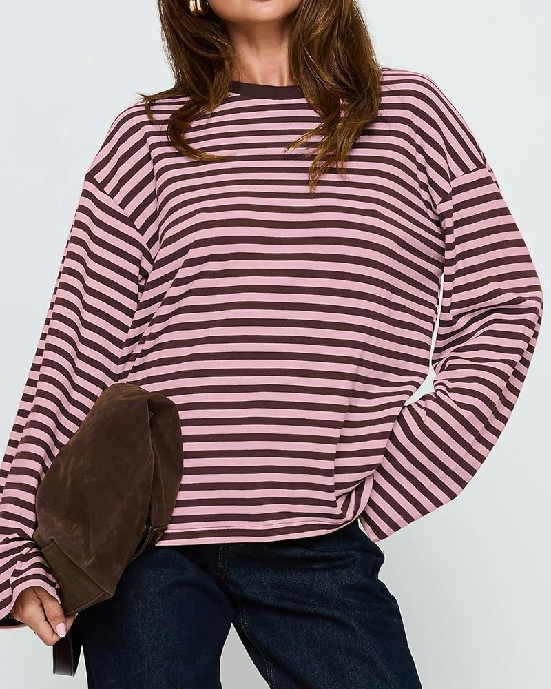 CHYRII Women Oversized Striped Long Sleeve T Shirt Fashion 2026 Crewneck Casual Fall Spring Tops ... | Amazon (US)