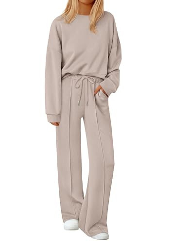 PRETTYGARDEN 2 Piece Sets For Women Fall Trendy Long Sleeve Sweatshirt Wide Leg Pants Loungewear Set Matching Sweatsuit (Apricot,XX-Large) | Amazon (US)