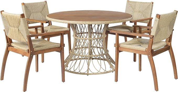 Merax 5-Piece Outdoor Dining Set, 47.24'' Round Acacia Wood Table & 4 Wicker Armchairs, Patio Fur... | Amazon (US)