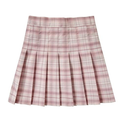 Womens Pink Plaid Pleated Skirt A-line High Waisted Skater Tennis Outfits with Shorts Uniform Mini Skirts Size M | Amazon (US)