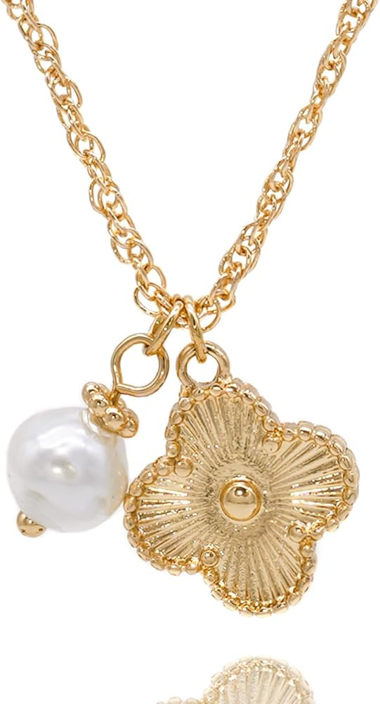 Elegant 18K Gold-Plated Four Leaf Clover Pearl Necklace for Women - Lucky Pendant with Dainty Cha... | Amazon (US)