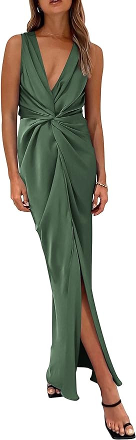 PRETTYGARDEN Women's Satin Ruched Bodycon Dress Summer 2023 Twist Front V Neck Sleeveless Split M... | Amazon (US)