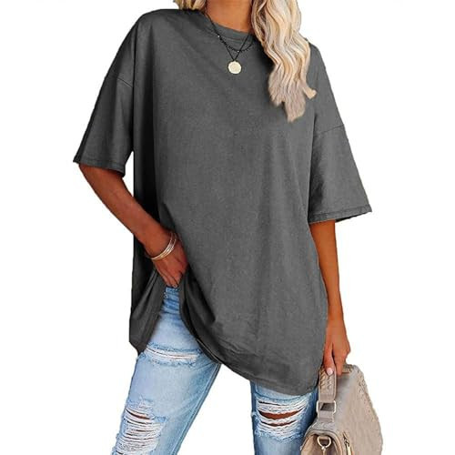luwita Oversized Tshirts For Women Womens Oversized T Shirts Crew Neck Tees Short Sleeve Cozy Comfy Tunic 2025 Y2K Tops Casual Pullover Dark Gray | Amazon (US)