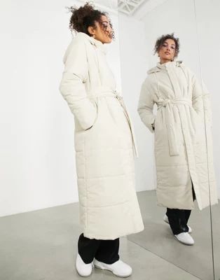 ASOS EDITION longline belted puffer jacket in mushroom | ASOS (Global)