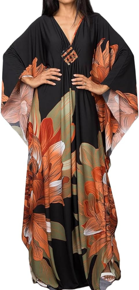 Bsubseach Women Ethnic Print Kaftan Beach Dress Plus Size Swimsuit Cover Up | Amazon (US)