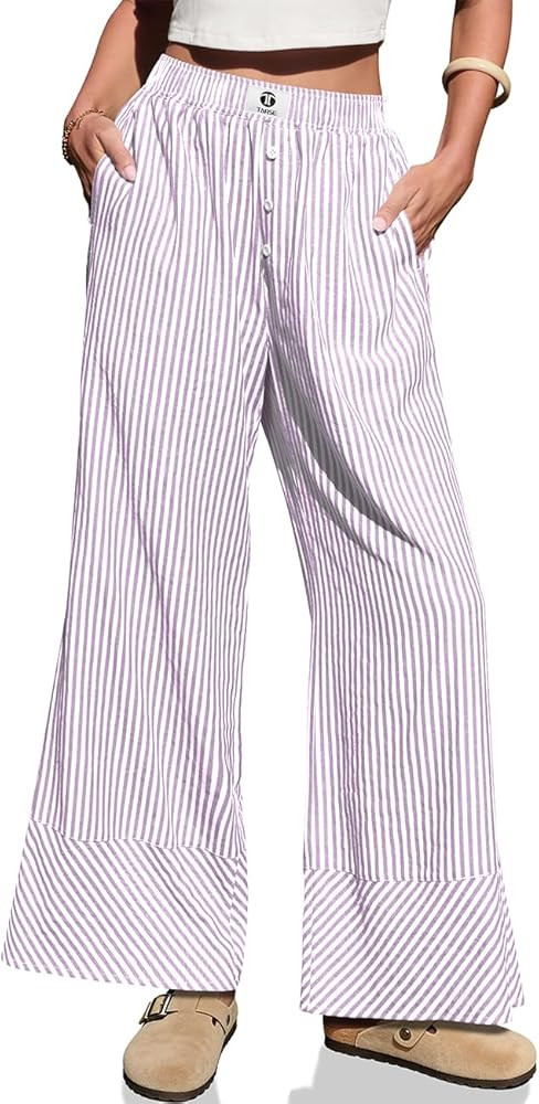 TARSE Womens Gingham Striped Linen Pants Wide Leg Casual Cute Pajama Lounge Bottoms Plaid Trouser... | Amazon (US)