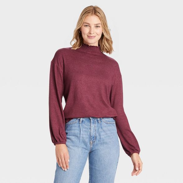 Women's Long Sleeve High Neck Smocked T-Shirt - A New Day™ | Target