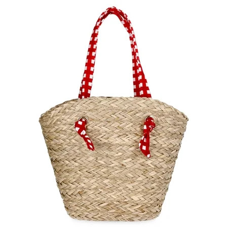 Time and Tru Women's Seagrass Beach Tote, Natural/Red | Walmart (US)