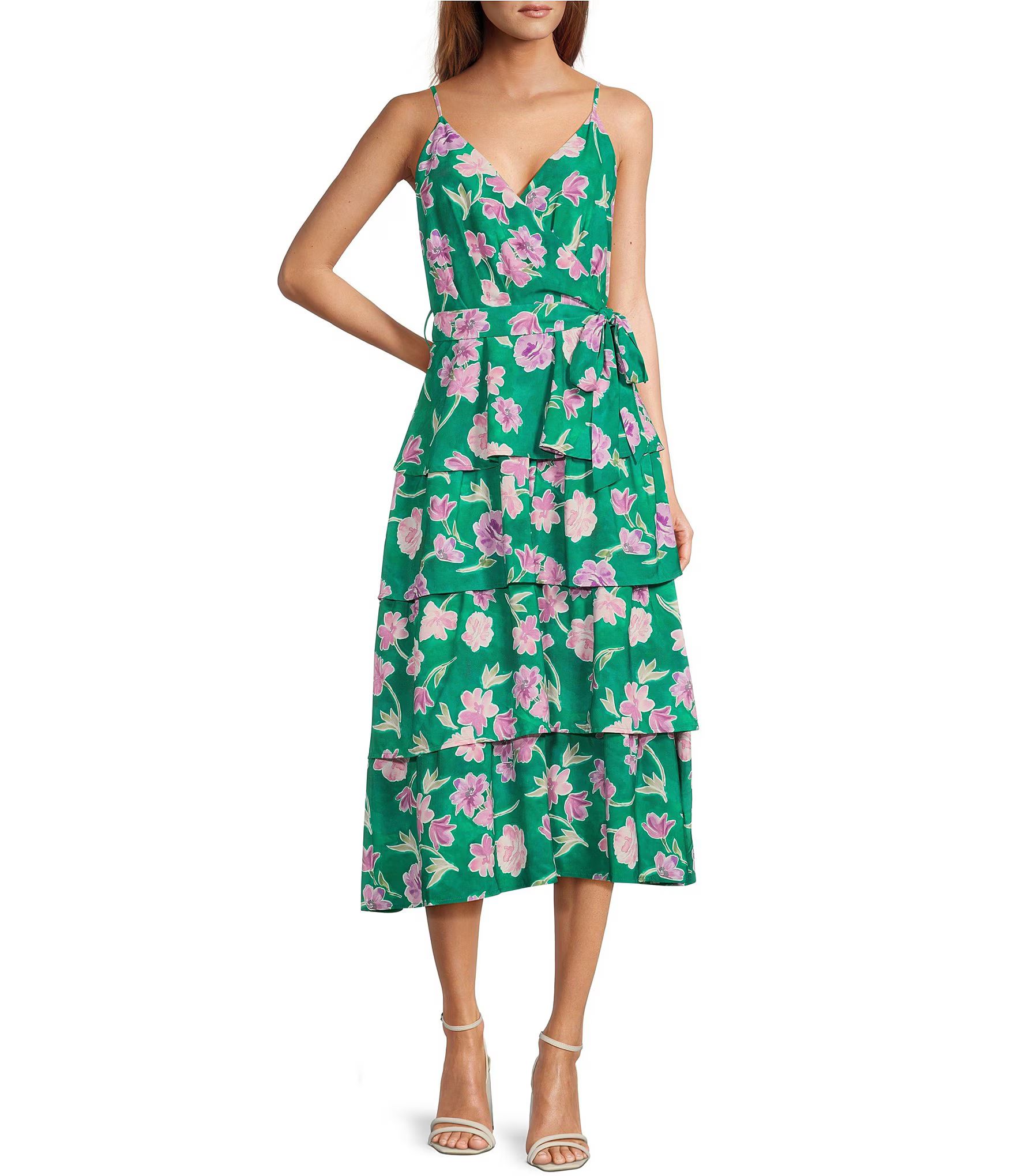 Floral Printed V Neckline Sleeveless Tiered Maxi Dress | Dillard's