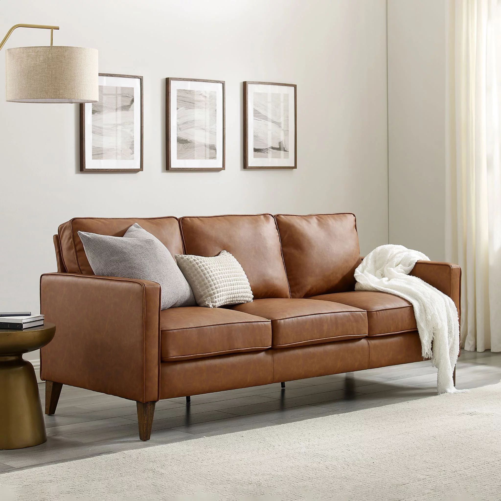 Jianna Faux Leather Sofa, Saddle Brown | Walmart (US)