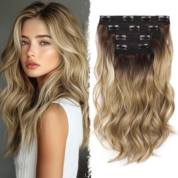 Blonde Clip in Hair Extensions - 14 Inch Wavy Synthetic Hair Extensions Clip ins (Color: Dark Blo... | Amazon (US)