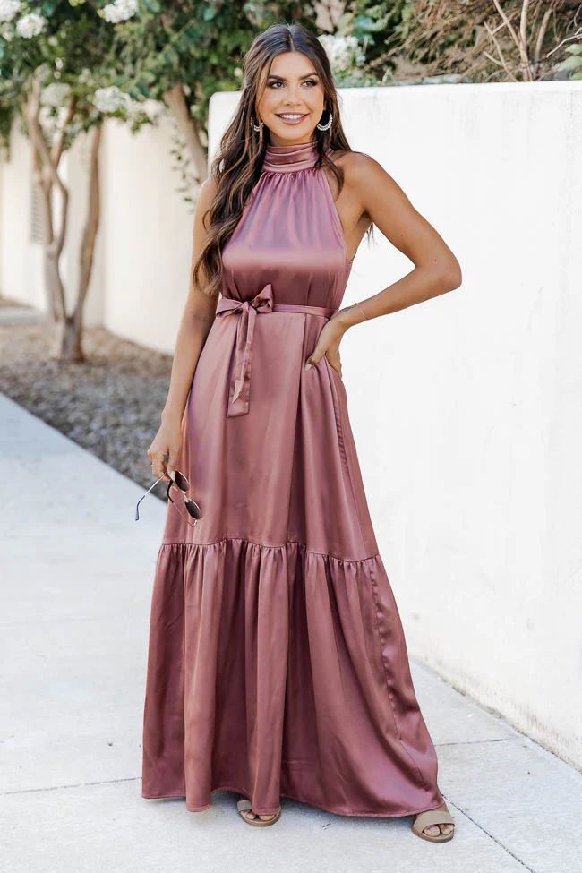 Hollywood Dreams High Neck Rose Satin Maxi Dress | Pink Lily