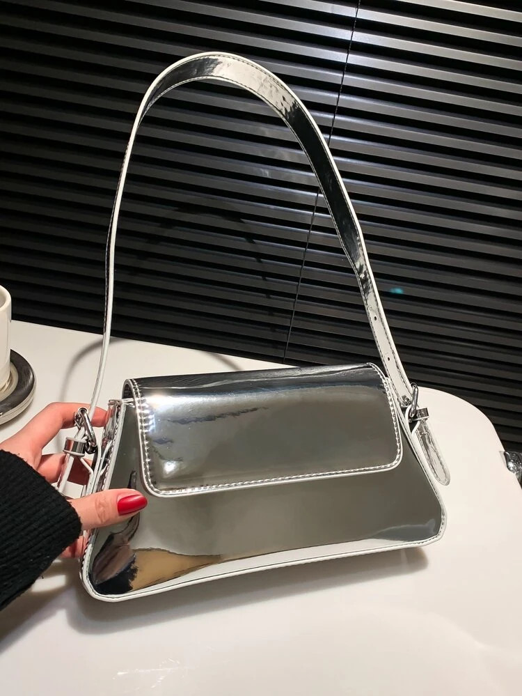 Metallic Flap Baguette Bag | SHEIN