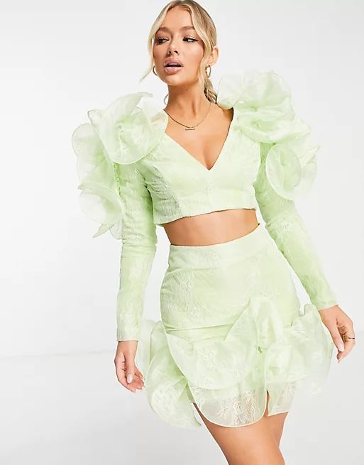 ASOS LUXE two-piece wired ruffle lace set in lime | ASOS (Global)