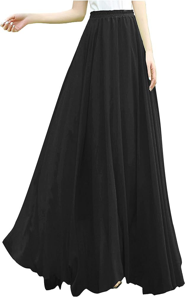 Women Ladies Full/Ankle Length Elastic Retro Maxi Chiffon Long Skirt | Amazon (US)