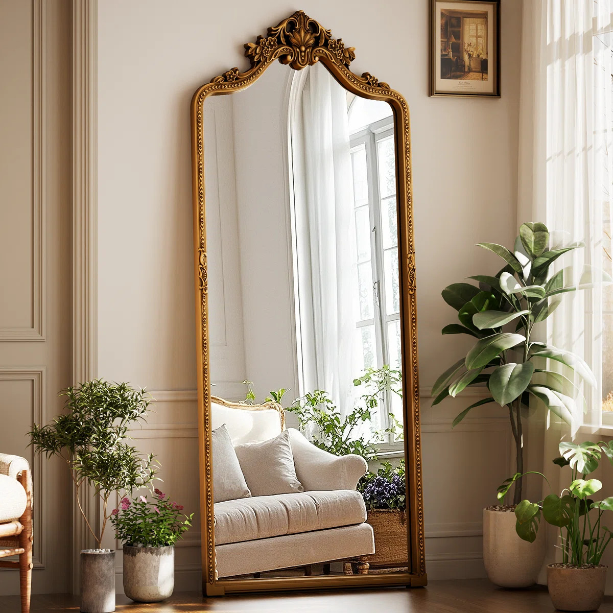 Vintage Full Length Mirror Luxury Carved PU Framed Arched Standing Floor Mirror Full Body Mirror | Wayfair North America