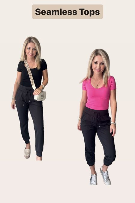 Seamless tops 
Fit tts
Pink is a regular top tucked in
Black is a bodysuit


#LTKStyleTip