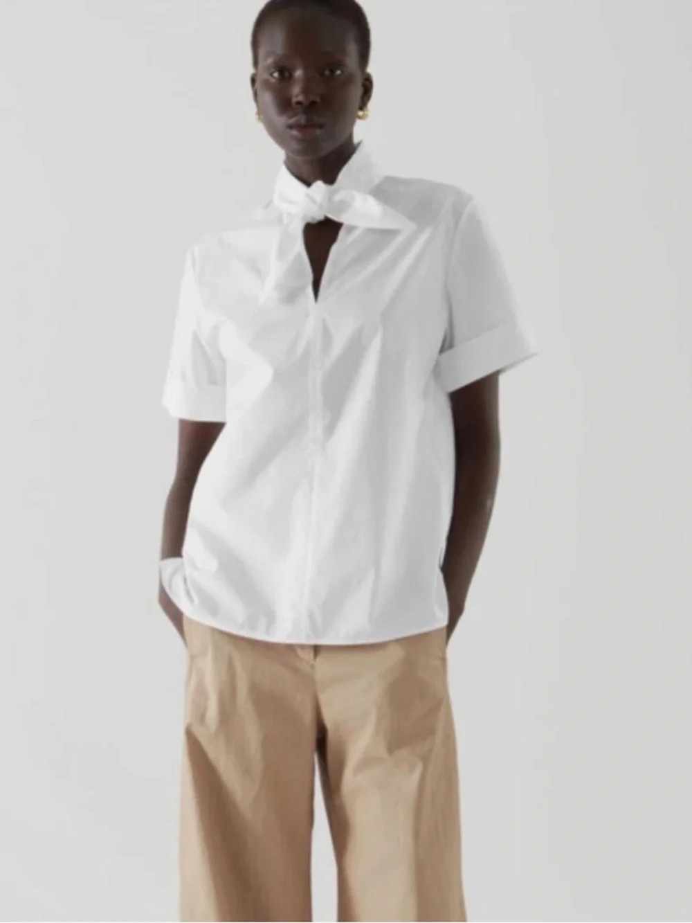 COS Chic White Tie Neck Blouse | Short Sleeve Poplin Top | Poshmark