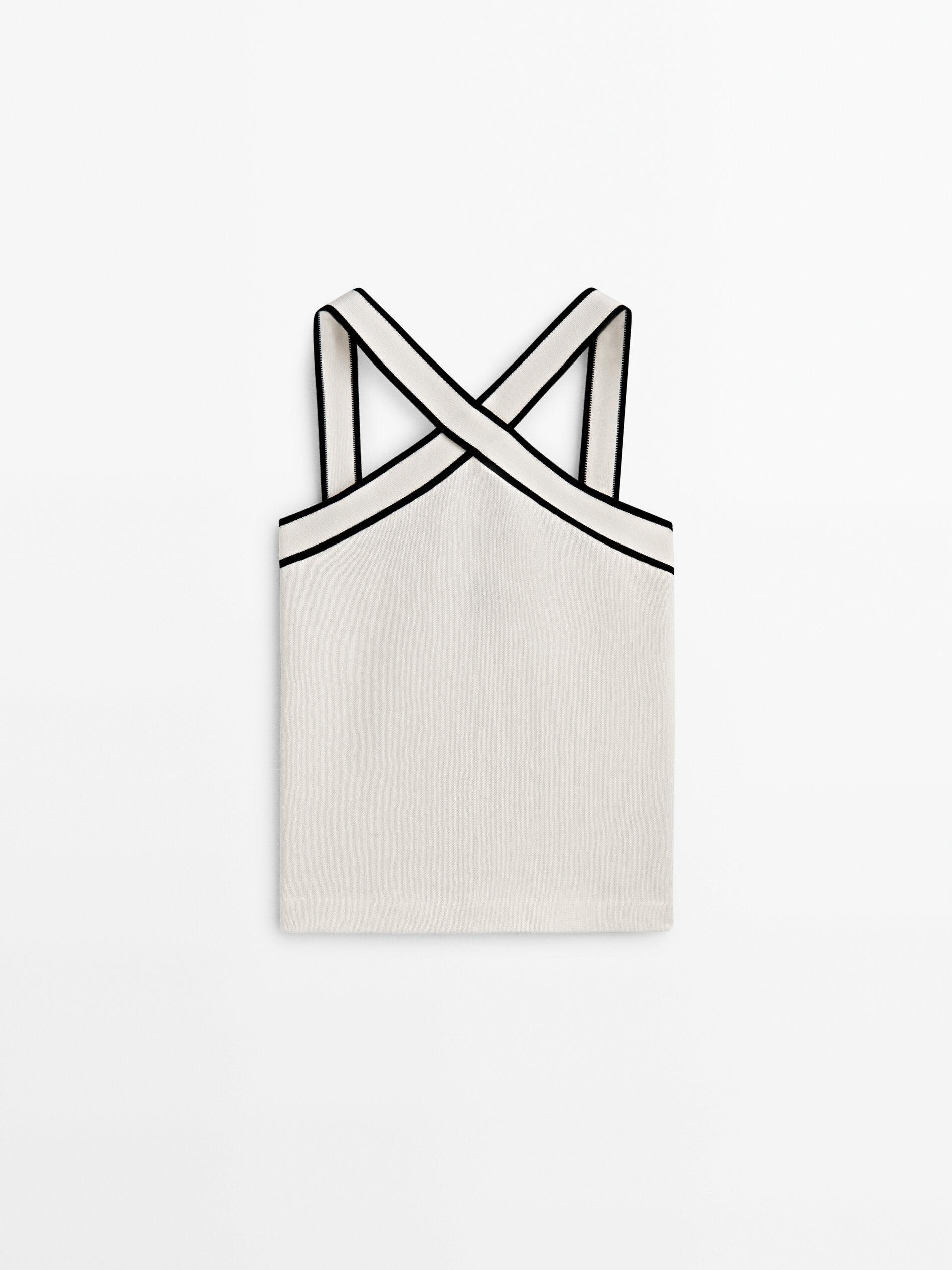 Baumwolltop mit Ausschnitt in Wickeloptik im Kontrast | Massimo Dutti DE