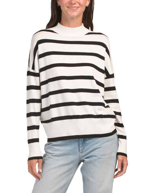 Striped Mock Neck Drop Shoulder Pull Over Sweater | TJ Maxx
