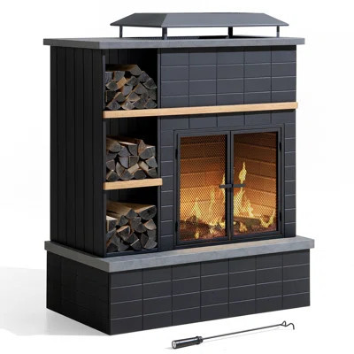 Sunjoy 42 in. Wood Burning Fireplace, Steel Outdoor Fireplace with Chimney, Log Holders, Fire Poker and PVC Cover | Wayfair North America