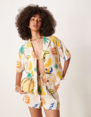 ASOS DESIGN linen blend short sleeve co-ord shirt in tropical print | ASOS | ASOS (Global)